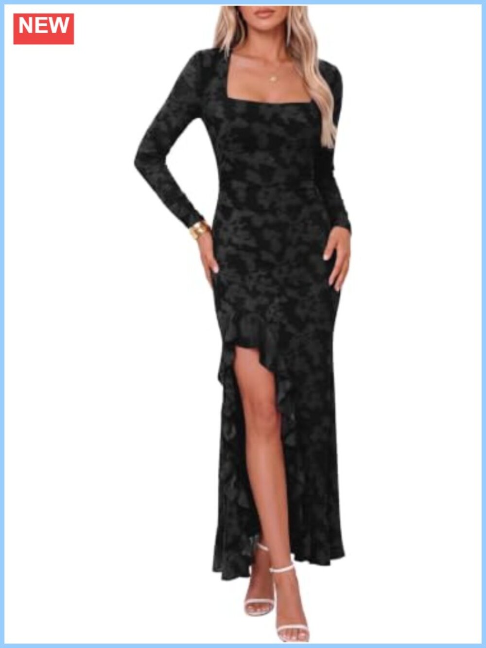 Long Sleeve Square Neck Maxi Dress Floral Embroidery Mesh Wedding Guest